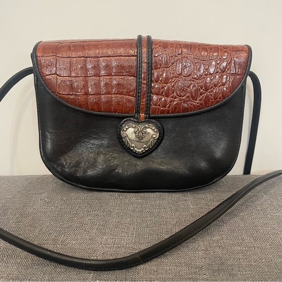 BRIGHTON Brown Croc Embossed and Black Leather Small Flap Crossbody - Picture 1 of 11